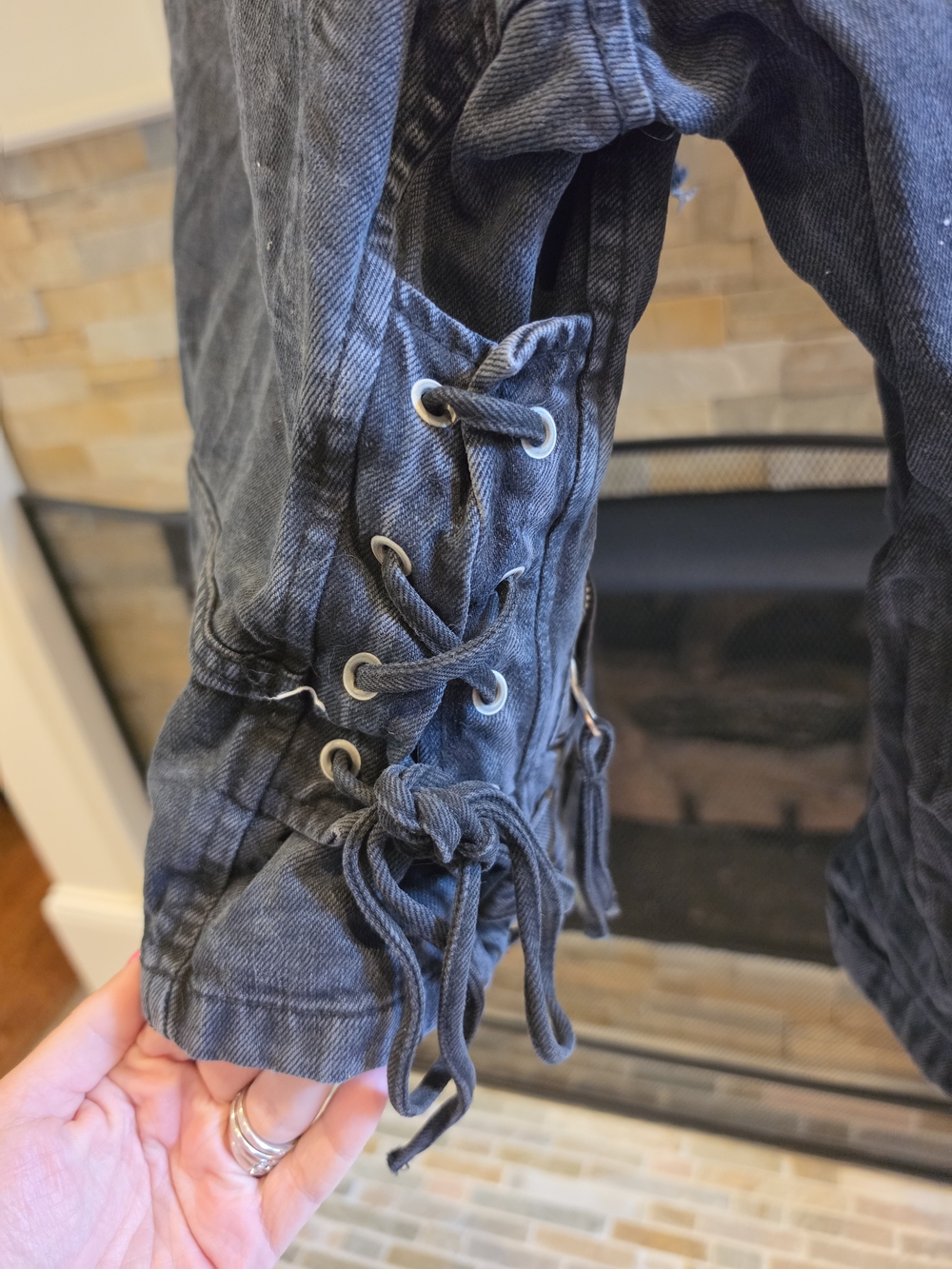 Free People Distressed Washed Black Denim Moto Jacket - Picture 3 of 4